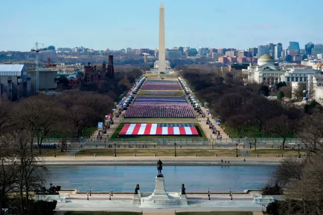 The National Mall in Washington, DC, is decorated with US flags on January 19