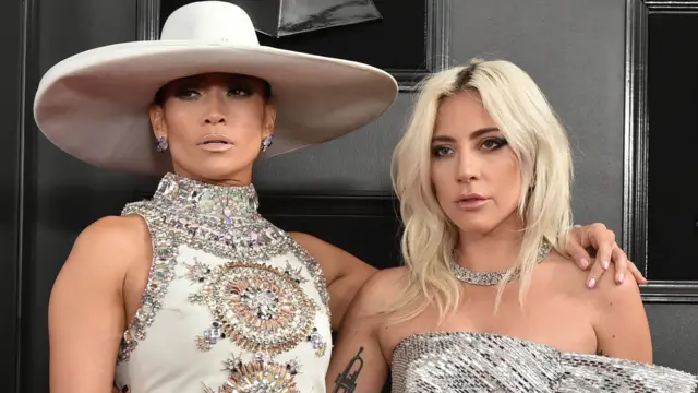 Jennifer Lopez and Lady Gaga attend the 61st Annual Grammy Awards