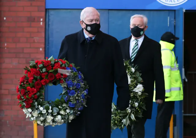 Former Rangers captain and manager John Greig, and Celtic chairman Ian Bankier, lay wreaths outside Ibrox to mark the 50th anniversary of the Ibrox disaster.