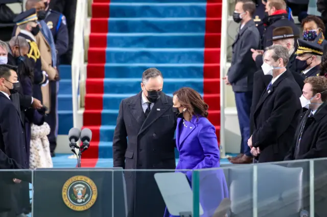 .S. Vice President-elect Kamala Harris and husband Doug Emhoff arrive to the inauguration