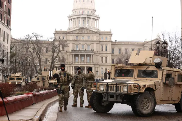 National Guard troops patrol the Michigan statehouse