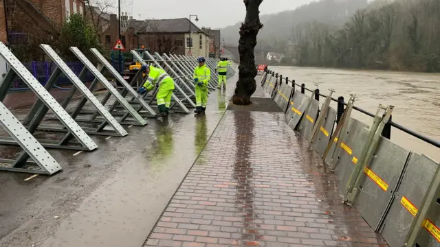 Flood barriers being installed in Ironbridge