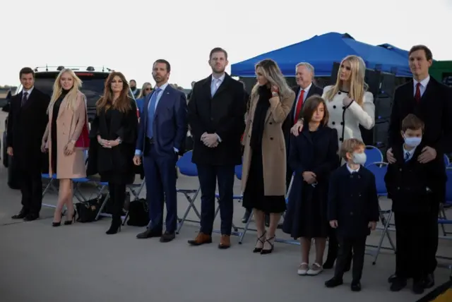 Donald Trump Jr, Ivanka Trump, her husband Jared Kushner and family members attend the departure ceremony of U.S. President Donald Trump at the Joint Base Andrews, Maryland, U.S., January 20, 2021