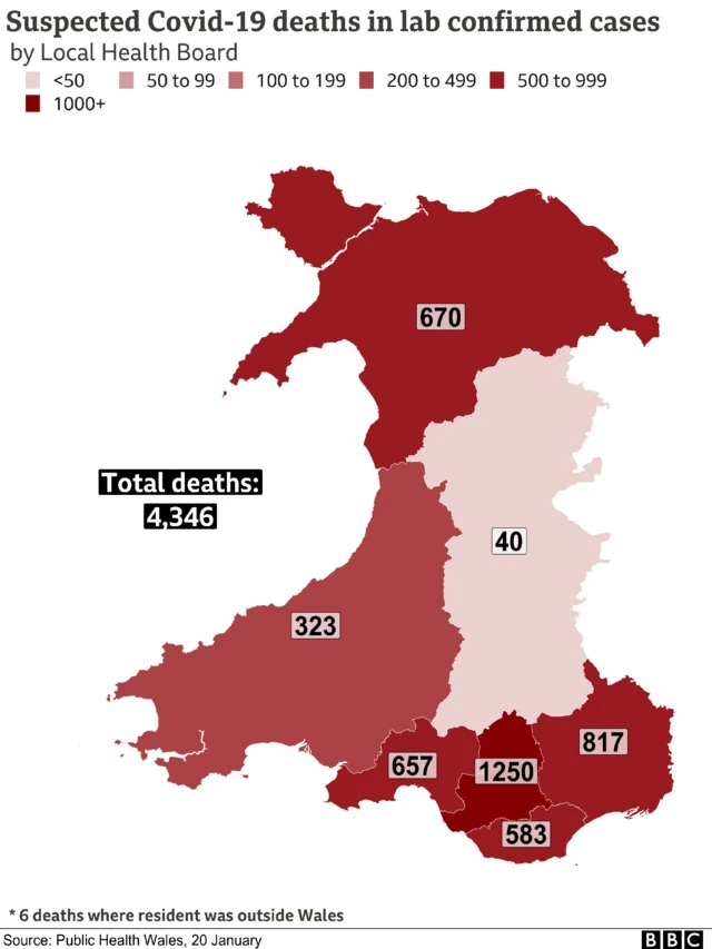 Map showing deaths with Covid by Welsh health board