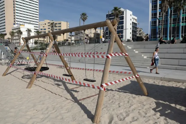 A view of a closed playground during a full lockdown at a beach in Tel Aviv, Israel, 12 January 2021