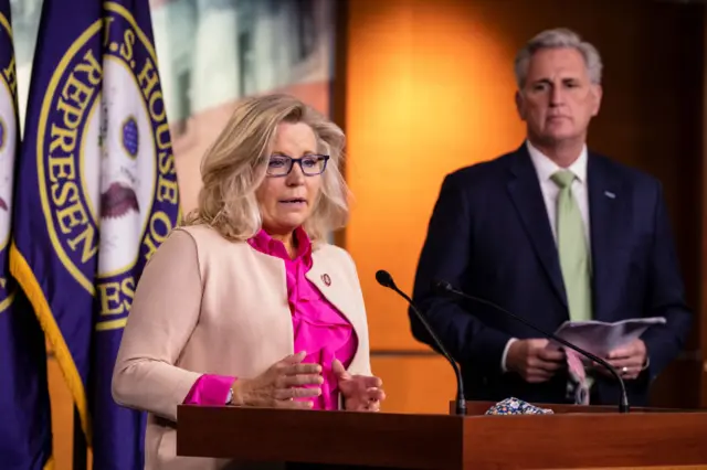 Liz Cheney and Kevin McCarthy appear together at a news conference over the summer