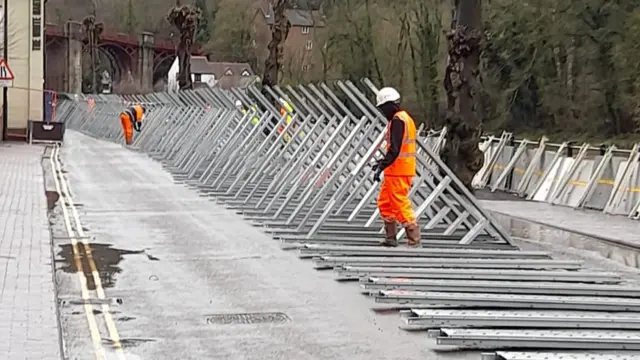 Barriers being installed in Ironbridge