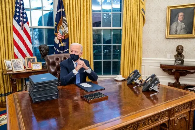 Joe Biden in the Oval office on 20 January 2021