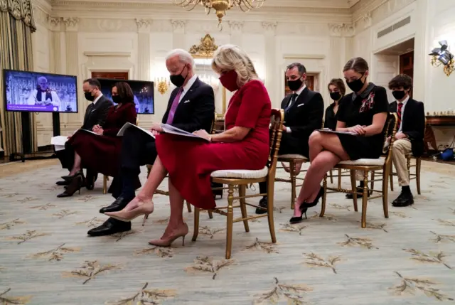 President Joe Biden, first lady Jill Biden, Vice President Kamala Harris and her husband Doug Emhoff participate remotely in a virtual Presidential Inaugural Prayer Service