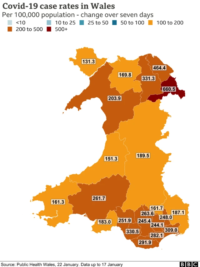 Map showing infection rates of Covid-19 by local authority, per 1,000 population for seven days to 17 January
