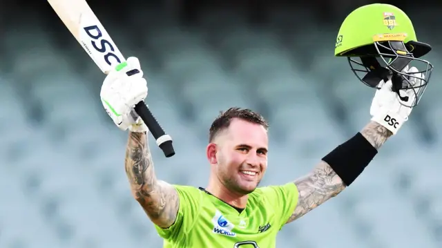 Sydney Thunder's Alex Hales celebrates his century against Sydney Sixers in the Big Bash