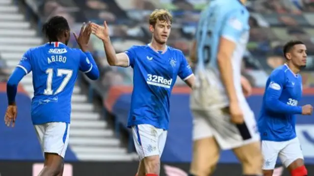 Rangers' Joe Aribo and Filip Helander celebrates