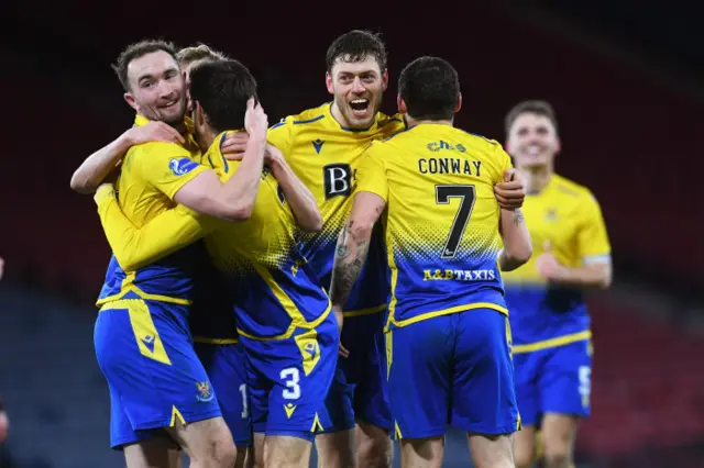 St Johnstone players mob goalscorer Craig Conway