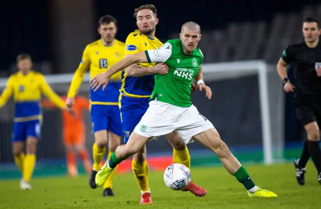 St Johnstone's Chris Kane and Hibernian's Alex Gogic vie for possession