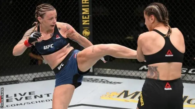 Joanne Calderwood kicks opponent Jennifer Maia at UFC Fight Night in August 2020