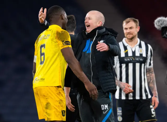 Livingston manager David Martindale and scorer Scott Robinson celebrate