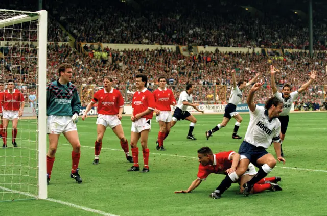 Des Walker on the deck after an own goal in Forest's Wembley FA Cup defeat by Spurs