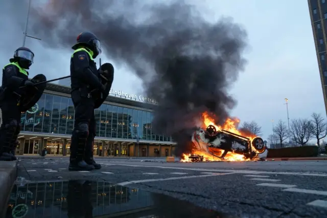 A car has been set on fire in front of the station on the 18 Septemberplein in Eindhoven, the Netherlands, 24 January 2021