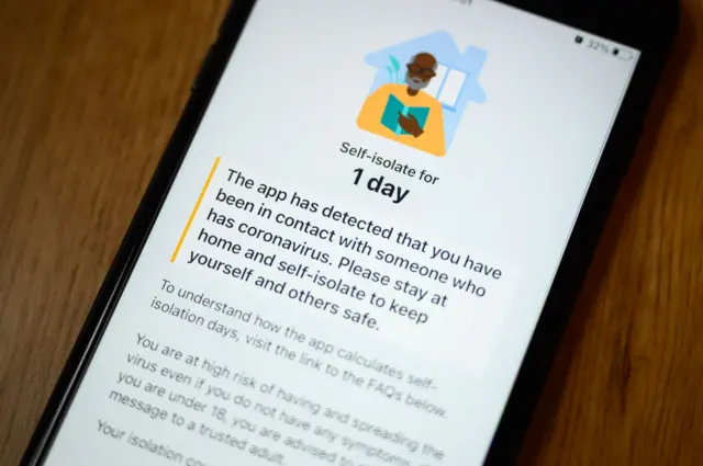 An alert on the official NHS Covid-19 Test and Trace app