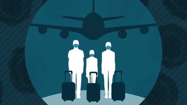 Graphic showing silhouette of family with suitcases and face coverings with aircraft approaching in the background