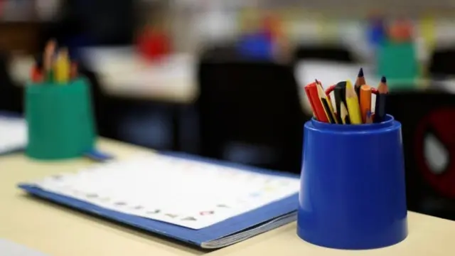 Stationary on a desk in a classroom