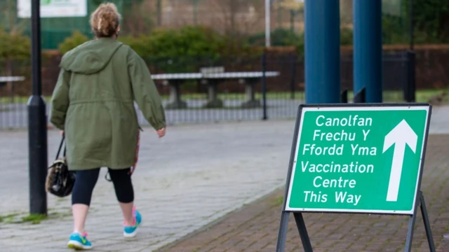 A sign for a vaccination centre in Wales