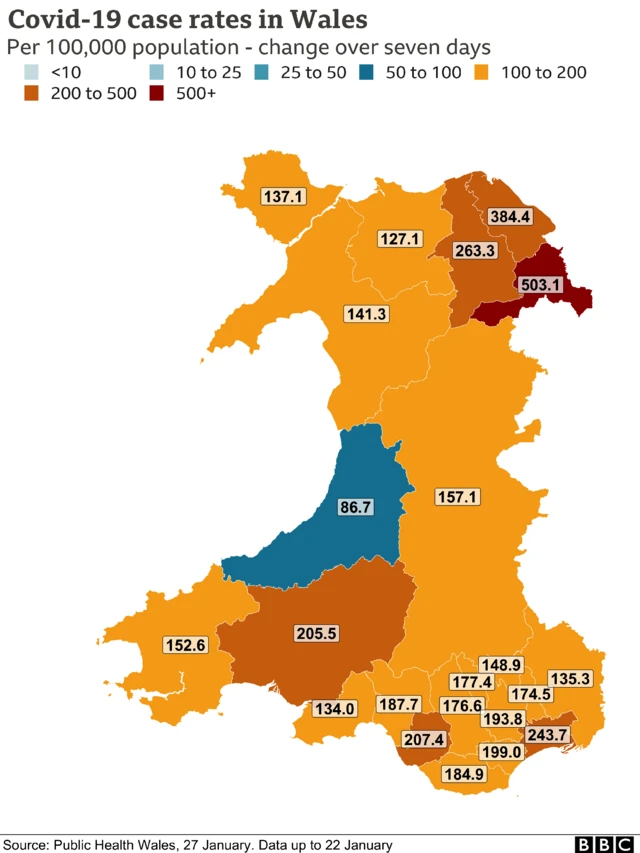 Wales Covid case rate map 27 January