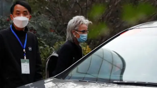 Marion Koopmans, a member of the World Health Organisation (WHO) team tasked with investigating the origins of the coronavirus disease, leaves Hubei Provincial Hospital of Integrated Chinese and Western Medicine in Wuhan, Hubei province, on 29 January 2021