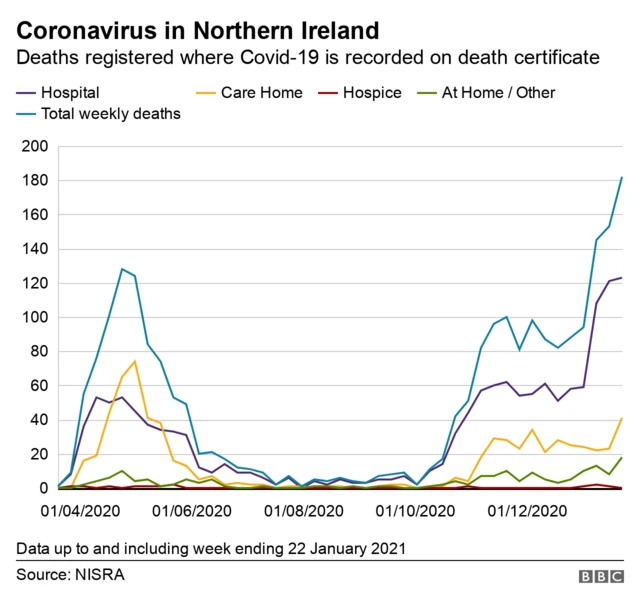 Graph showing NI coronavirus deaths by setting