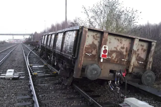 Derailed wagons at Toton South junction, Nottinghamshire