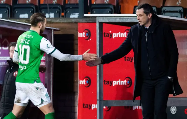 Hibs head coach Jack Ross congratulates scorer Martin Boyle