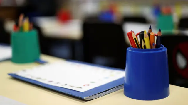 School desk with book and pencils