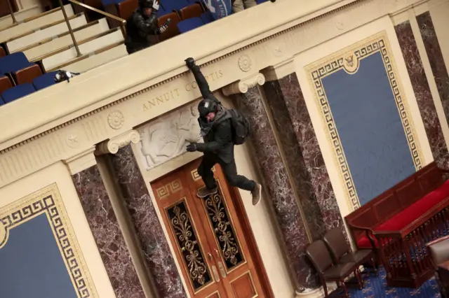 A protester is seen inside the US Capitol Building on January 06, 2021 in Washington, DC. Congress held a joint session today to ratify President-elect Joe Biden's 306-232 Electoral College win over President Donald Trump