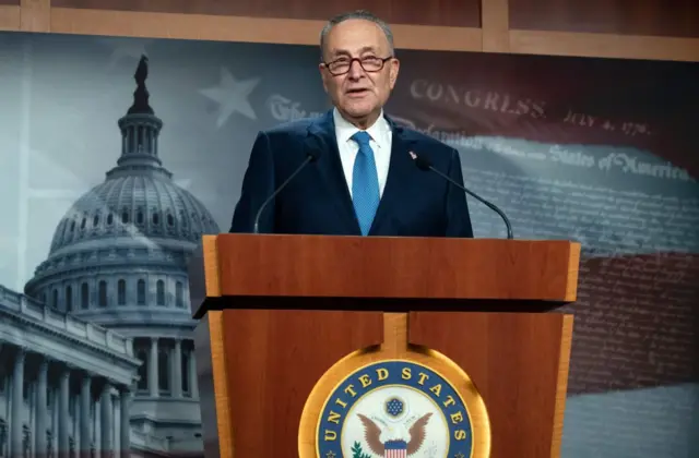 US Senate Minority Leader Chuck Schumer, Democrat of New York, speaks during a press conference at the US Capitol in Washington, DC, January 6, 2021