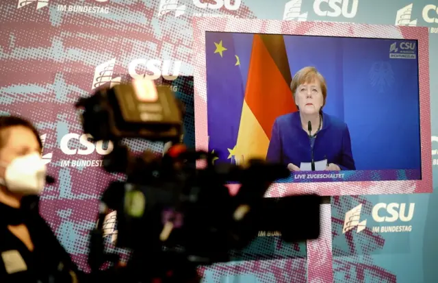 Angela Merkel speaks via video to CSU state group in the German Bundestag, Berlin, Germany, 07 January 2021.