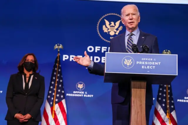 File photo: U.S. President-elect Joe Biden delivers a speech alongside U.S. Vice President-elect Kamala Harris after a conference video call focused on foreign policy at his transition headquarters in Wilmington, Delaware, U.S., December 28, 2020