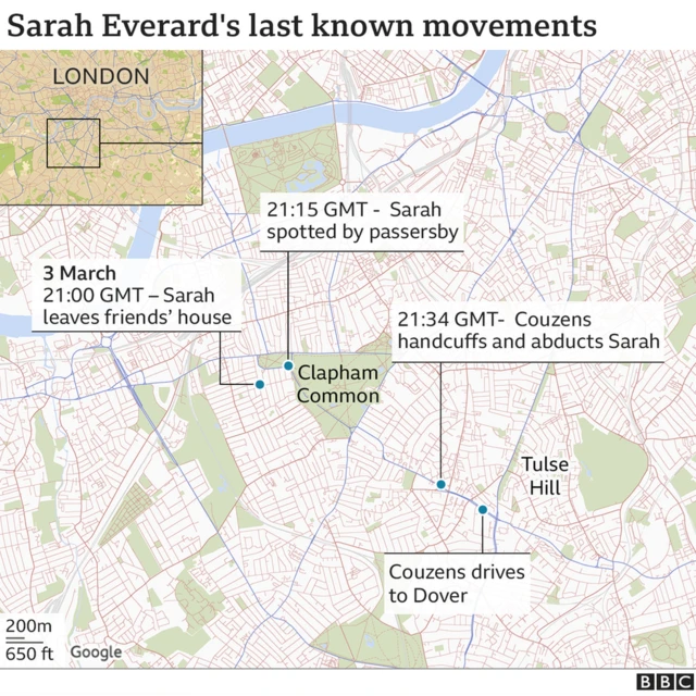 Map detailing Sarah Everard's last known movements