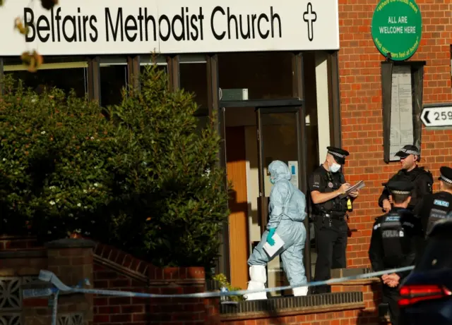 Officers at the scene of the stabbing of MP Sir David Amess