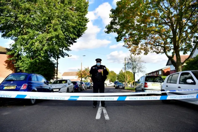 Officers at the scene of the stabbing of MP Sir David Amess