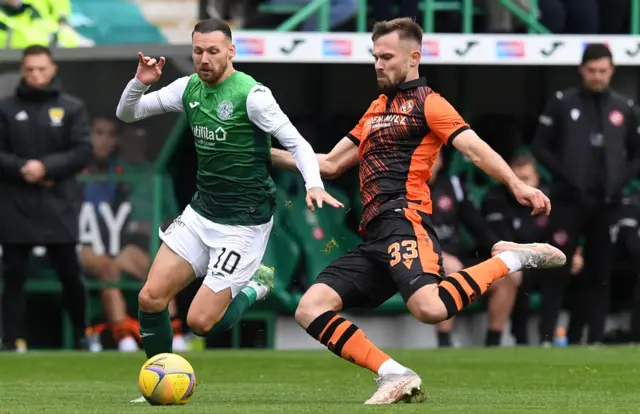 Hibernian's Martin Boyle competes with Dundee United's Scott McMann