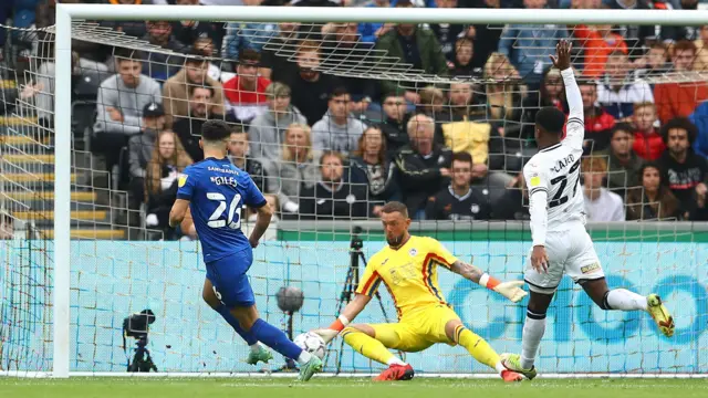 Ben Hamer of Swansea City saves a shot from Ryan Giles of Cardiff City