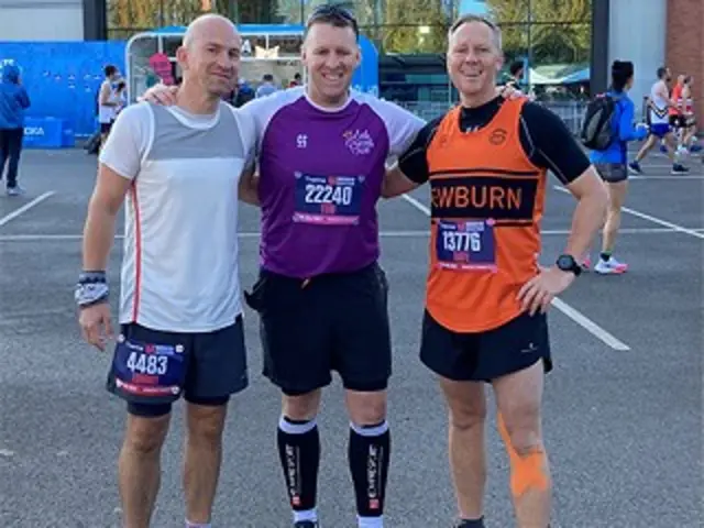 Tom Rowberry is pictured (centre) with friends and fellow runners Tom and Dave.