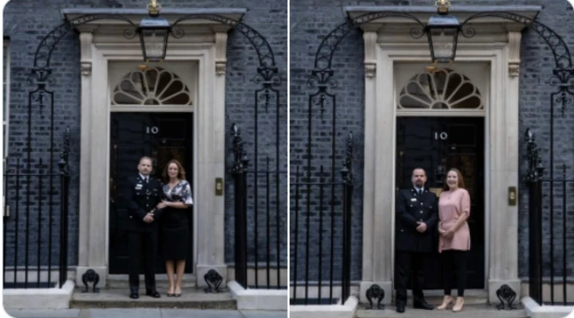 PC Lee Phillips and his wife Andrea (left) and PC Christopher Donovan and his partner Rachel