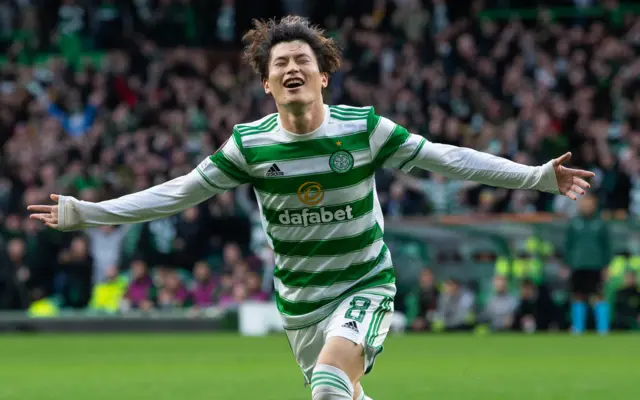 Kyogo celebrates making it 1-0 at Celtic Park