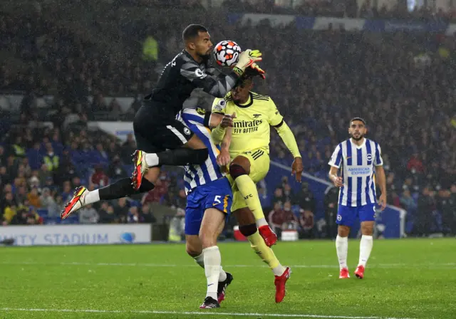 Robert Sanchez clatters into Lewis Dunk and Gabriel