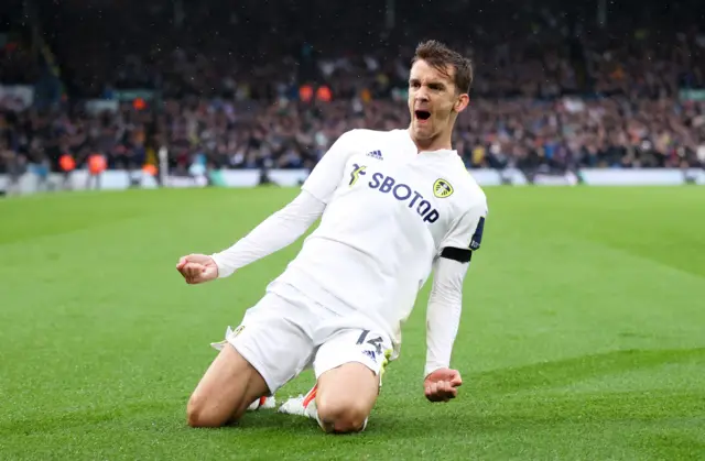 Diego Llorente celebrates scoring for Leeds