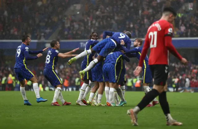 Chelsea celebrate their third goal