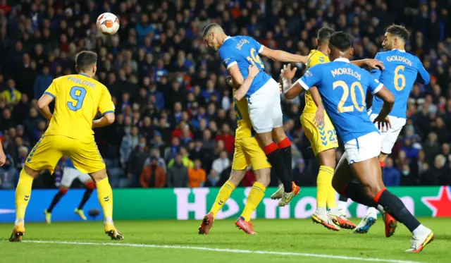 Leon Balogun heads Rangers in front at Ibrox