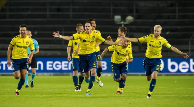 Brondby celebrate a penalty shoot-out win over Hibs in Copenhagen