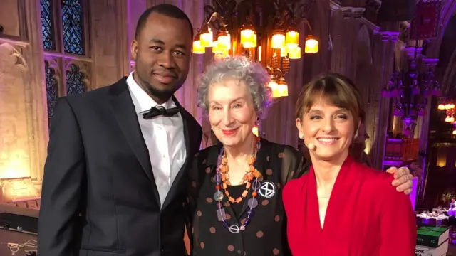 Rebecca Jones with 2019 Booker shortlisted authors Margaret Atwood (centre) and Chigozie Obioma. Twice-nominated Obioma is one of five people on the judging panel of the 2021 Booker Prize.